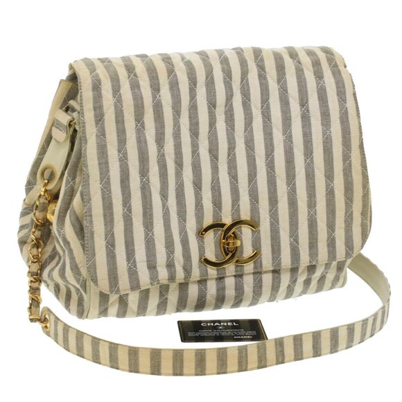 CHANEL Striped Matelasse Chain Shoulder Bag Canvas White Gray CC Auth - Picture 1 of 16
